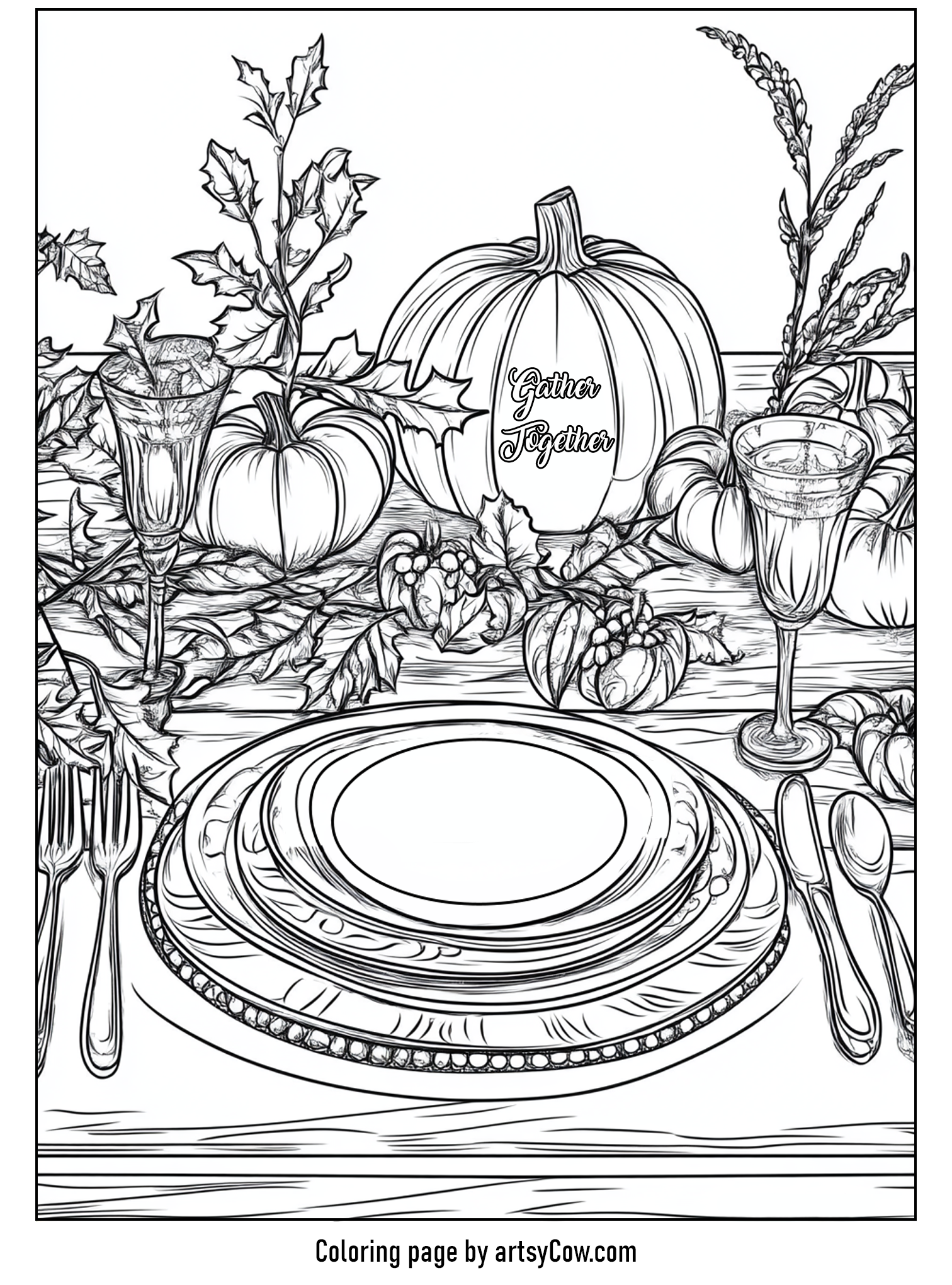 thanksgiving coloring pages for adults depicting an elegant table setting with pumpkins, plates, and autumn leaves, featuring the phrase 'Gather Together'.